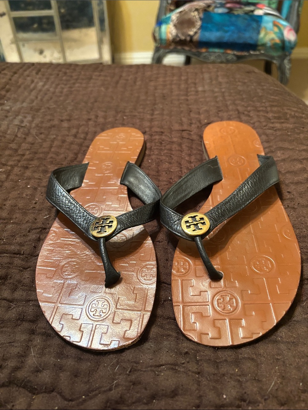 Tory Burch Black Leather Flip Flop Sandals with Gold Logo
